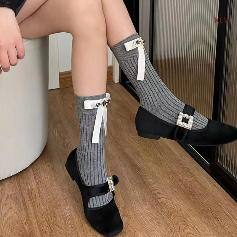 

Rhinestones Ballet Sock Y2K Solid Color Bows Breathable Sweet Stocking Cotton Short Wear for Women Summer