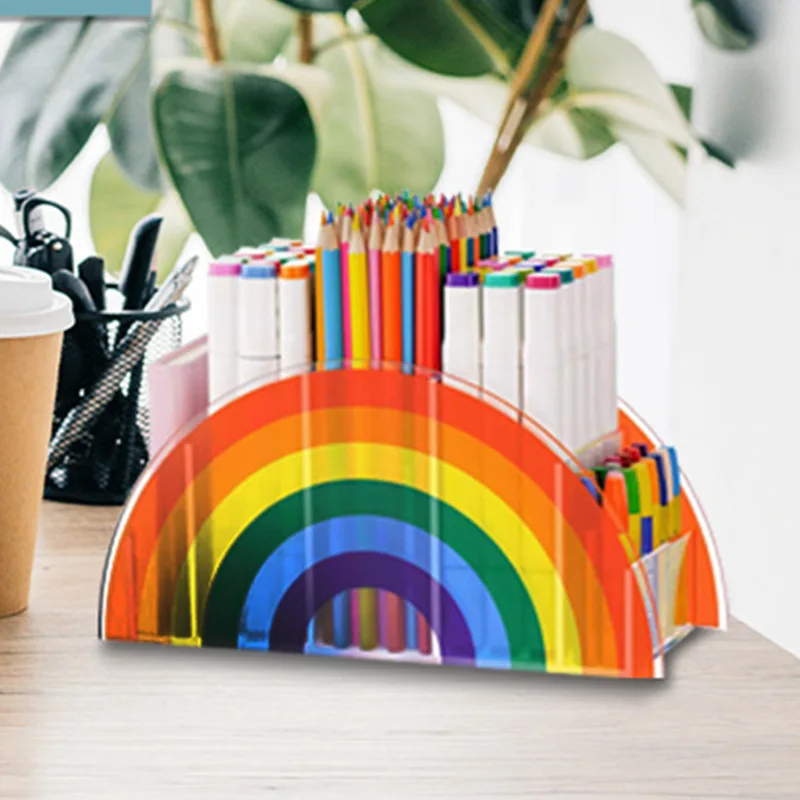 Kawaii Rainbow Color Desk Stationery Storage Box Pencil  Marker Pen Rulers Stickers Stable Holder