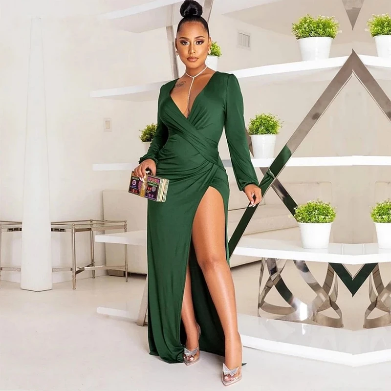 

Dark Green Long Sleeve Deep V-neck Sexy Fashion Women's Party Evening Dress Vestidos De Fiesta High Split Elegant Simple Style