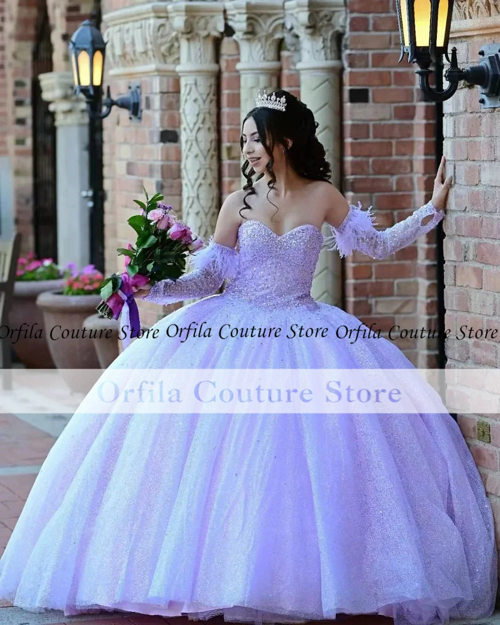 Lanvender Quinceanera платья с перьями с открытыми плечами мексиканские Vestidos De XV лет милое 16 нарядное платье
