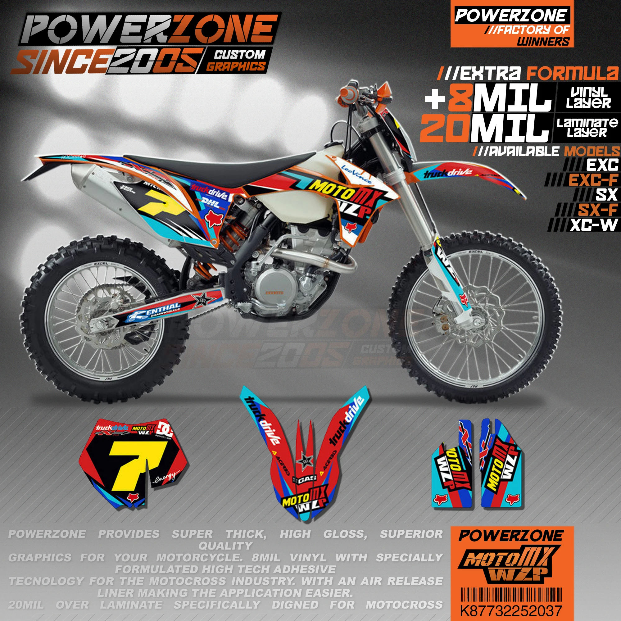 

PowerZone Custom Team Graphics Backgrounds Decals 3M Stickers Kit For KTM SX SXF MX EXC XCW Enduro 125cc to 500cc 2011-2016 037