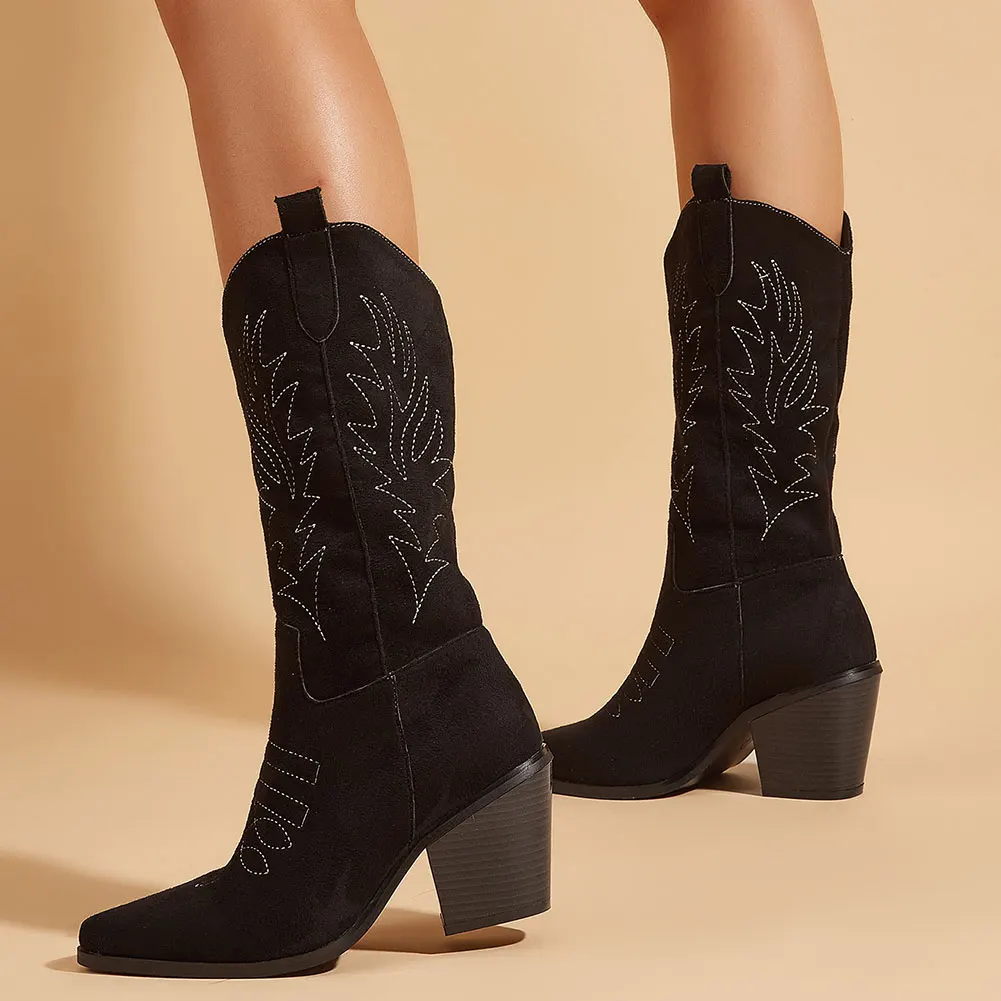 

Отличная сделка 2023 винтажные женские ковбойские ботинки без шнуровки черные с острым носком на массивном каблуке обувь в западном стиле же...