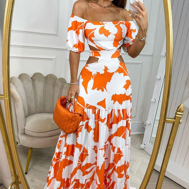 

Women Summer Maxi Dress Sexy Printed Short Puff Sleeve Long Skrt Pleated Fashion Cut Out Bow Party Dresses 2022 New