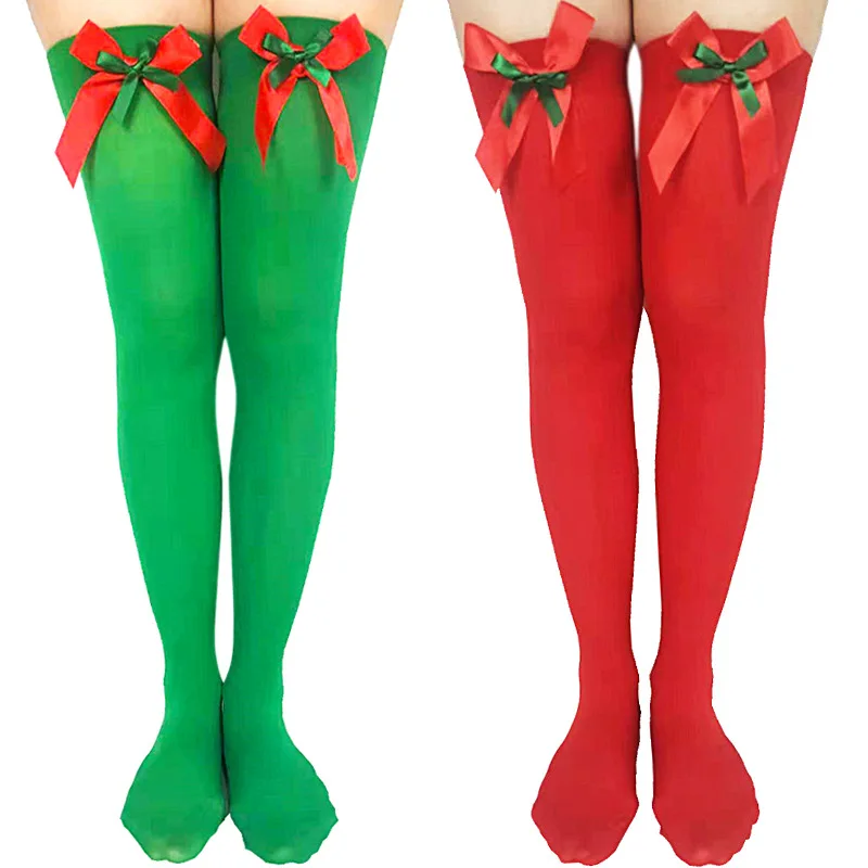 Woman X'mas Clothings 2Pairs Per Set Red Green Christmas Bowknot Breathable Silk Stockings Santa Claus Halloween Cosplay Costume