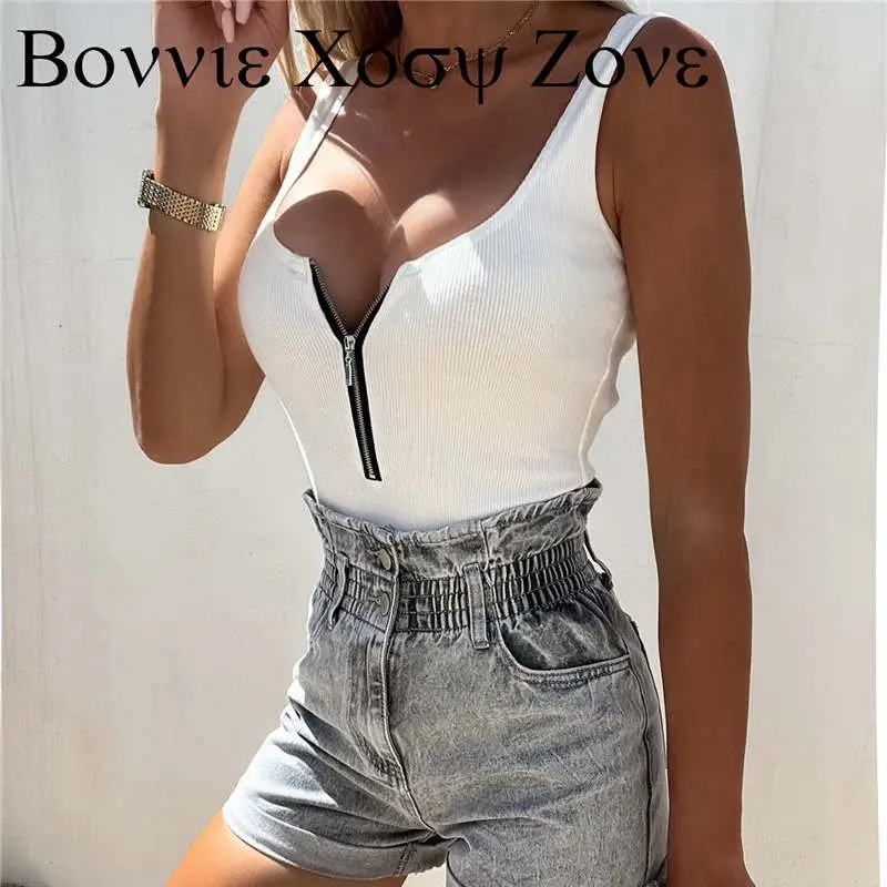 

Summer Women Sleeveless Zipper Front U-Neck Ribbed Tank Top Basics Casual Daily Outfits