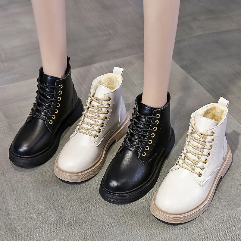2022 Soft PU Leather Ankle Boots Women Platform Motorcycle Booties Female Autumn Winter Shoes Warm Plush Goth Thick Short Boots