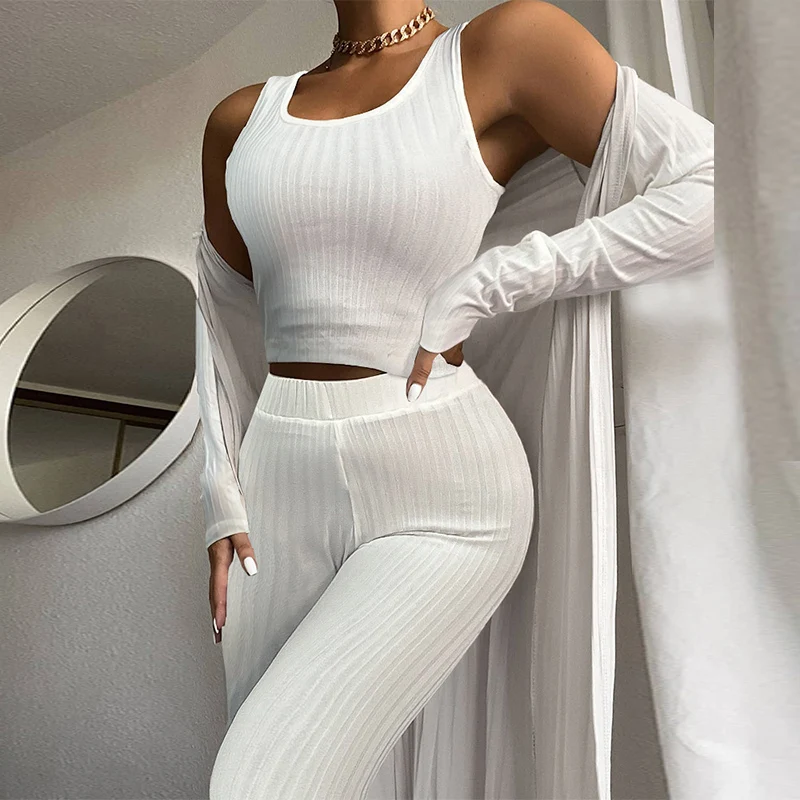 

Women Solid Skinny Rib Suit Sexy Autumn Spring 3Pc Set Sportwear U Neck Tank Top+High Waist Long Pant+Long Sleeve Coat Outfit