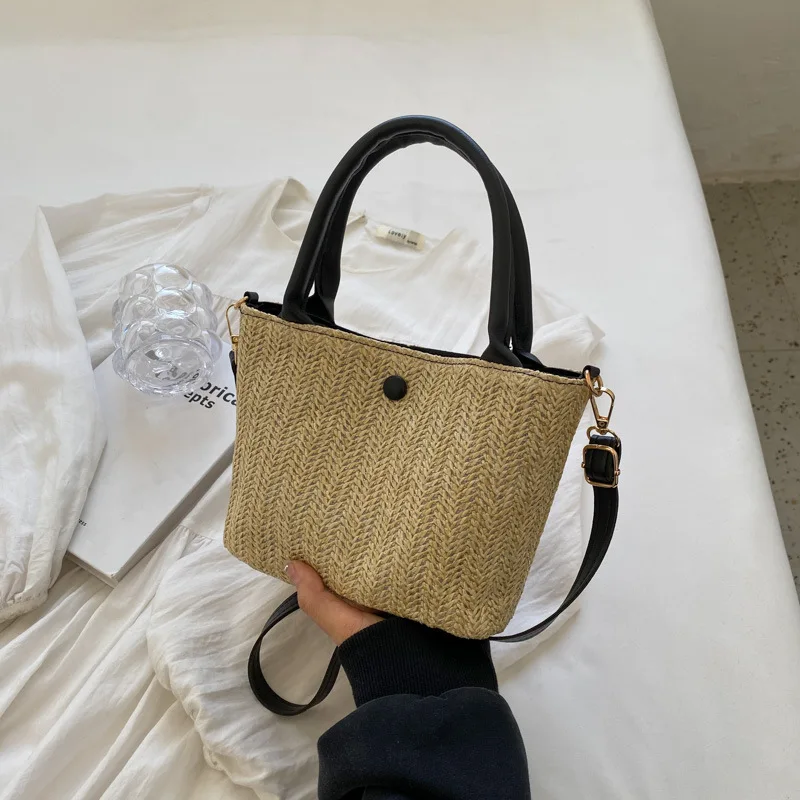 

Elegant Ladies Straw Woven Handbag Women Holiday Beach Commute Bucket Bag Casual Crossbody Bags Fashion Retro Shoulder Bag 2023