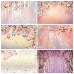 Фон Laeacco для фотографирования новорожденных с изображением розовых весенних вишневых цветов сакуры в горошек