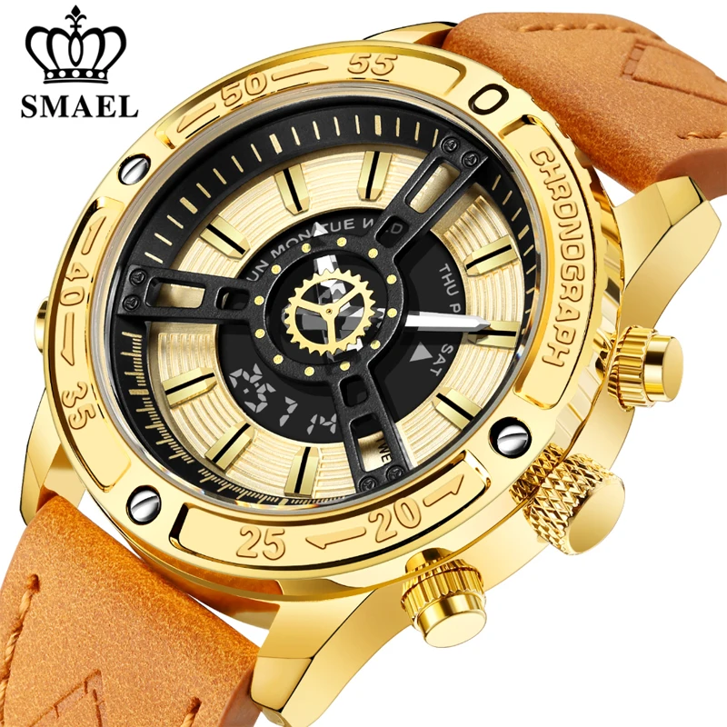 

SMAEL Fashion Military Mens Sports Watches Leather Luxury Brand Waterproof Wrist Watch LED Digital Date Calendar Watch Men New