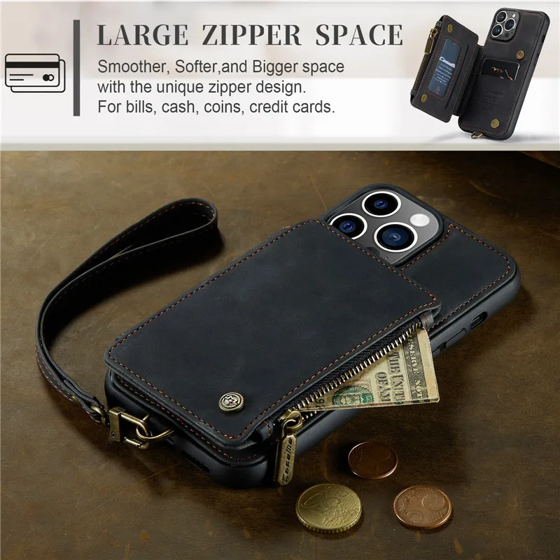 Leather Wallet Case for iPhone 14 13 12 11 Pro XS Max Mini SE 2020 8 7 Plus Zipper Purse Wallet Cover With Card Slot Phone Cases