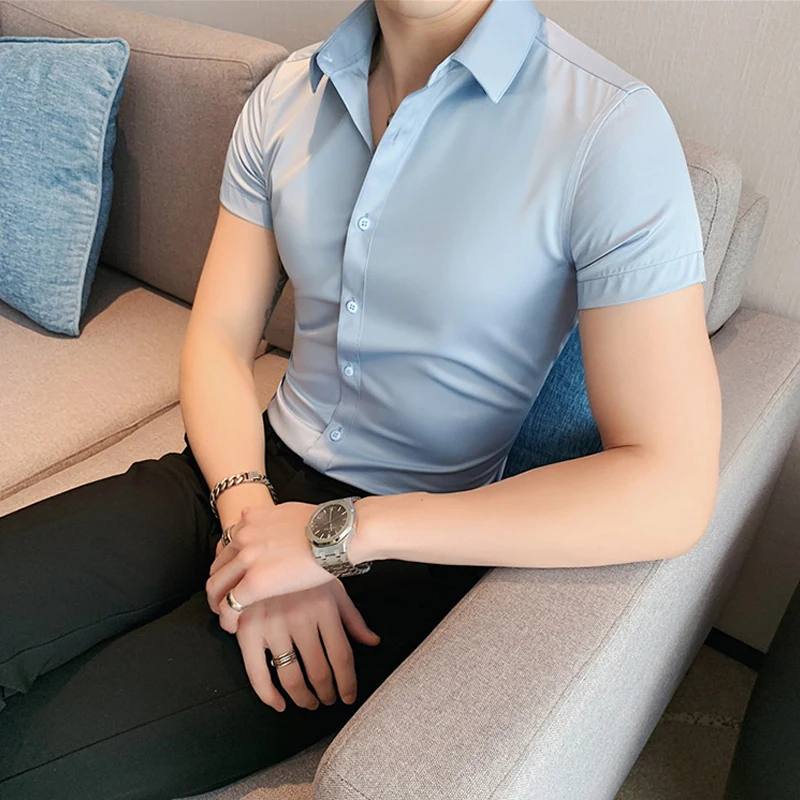 Рубашка мужская с коротким рукавом деловая Повседневная приталенная на