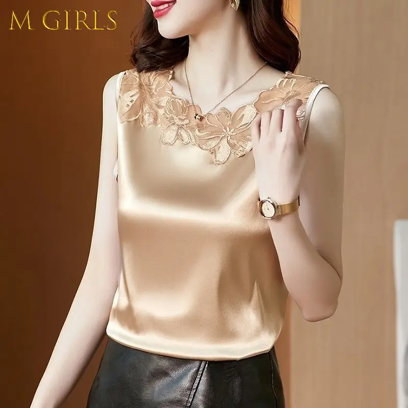 

Summer Women Fashion tank top sleeveless embroidery lace satin luxury elegant Vest women's solid Casual Loose tops 2022 New 4XL