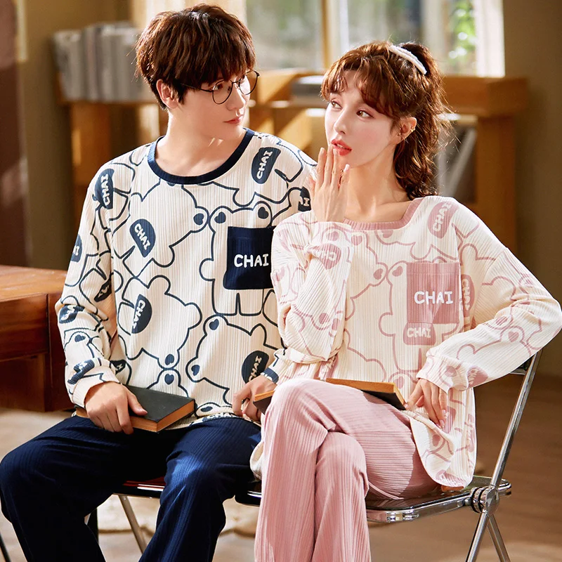 

QUHENG Autumn 2022 Cotton Sleepwear Pajamas Couple Set Winter Long Button-Down Pyjamas Suit Pijama Women Men Loungewear Set