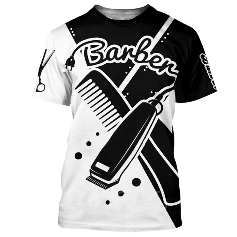 

2023 Summer 3D Printed T-shirt with Barber Tool Pattern, Retro, Casual, Round Neck Short Sleeve