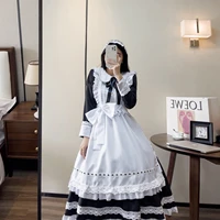 bow tie women maid cosplay sexy costume long sleeves long maxi fancy dress with apron and headpiece maid sexy costume