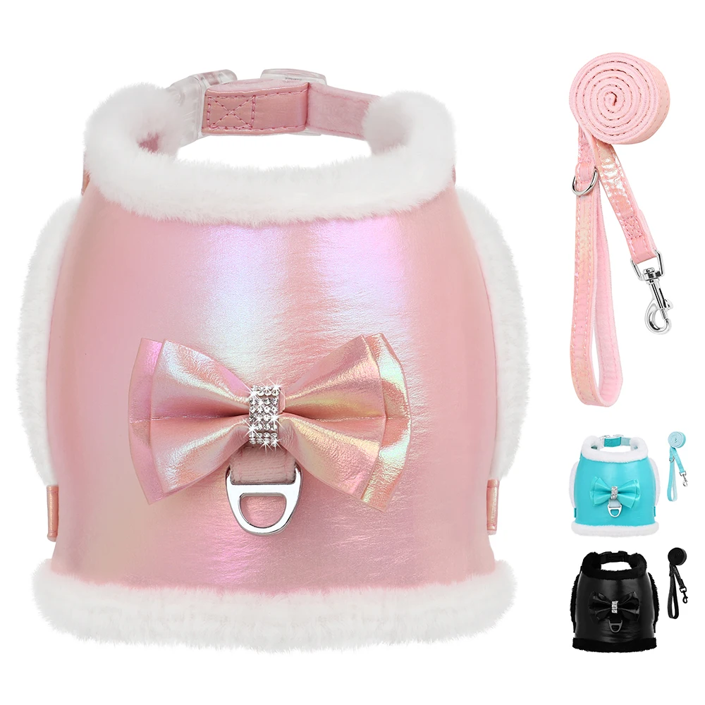 

Dog Harness and Leash Set Winter Puppy Cat Vest Harness Warm Fur Collar For Small Medium Dogs Cats Bling Rhinestone Bowtie Pink