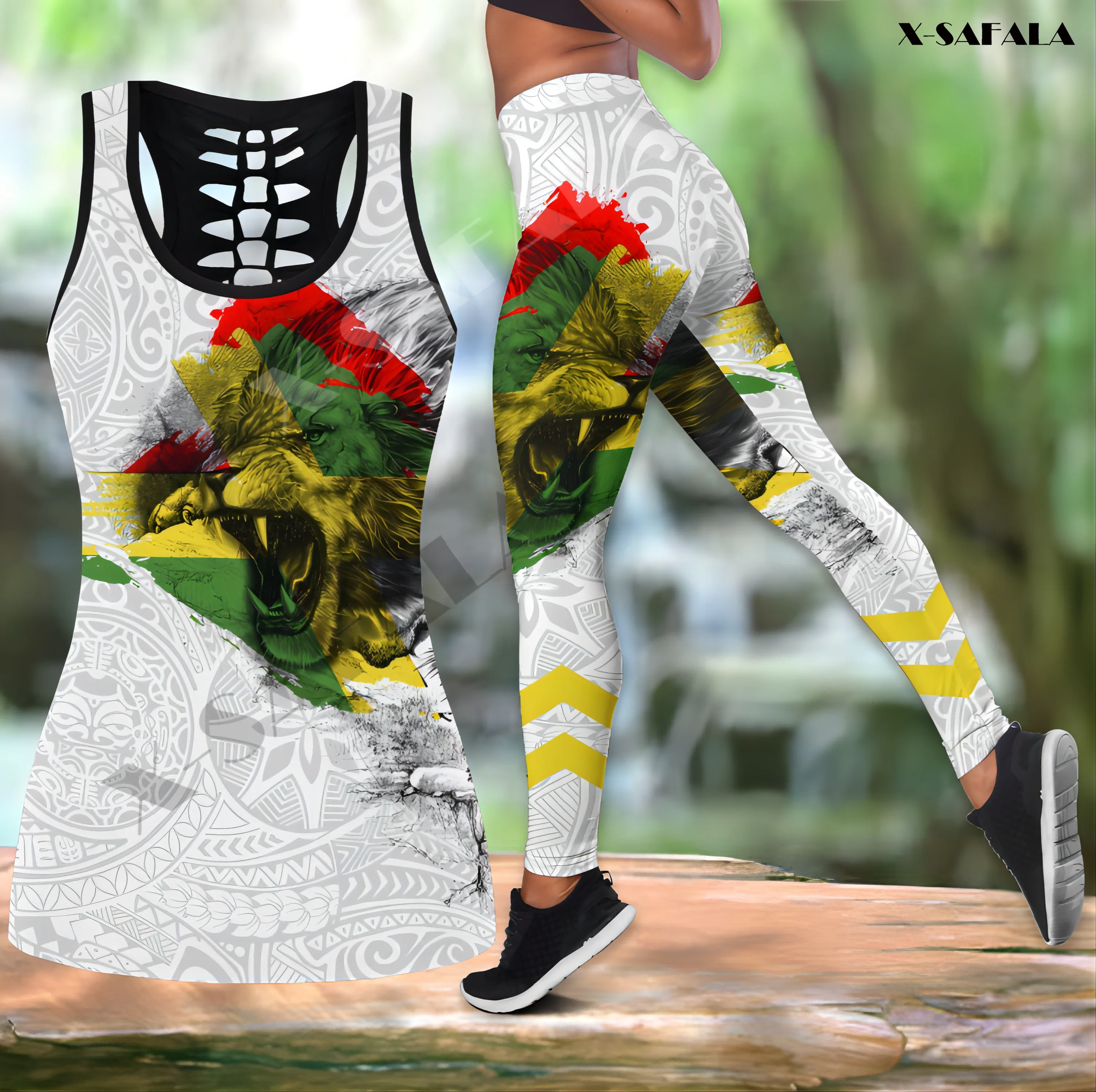 

Jamaica Lion Combo 3D Print Women Yoga Set Hollow Out Tank Top Leggings Outfit Gym Middle Waist Stretchy Sporty Suit