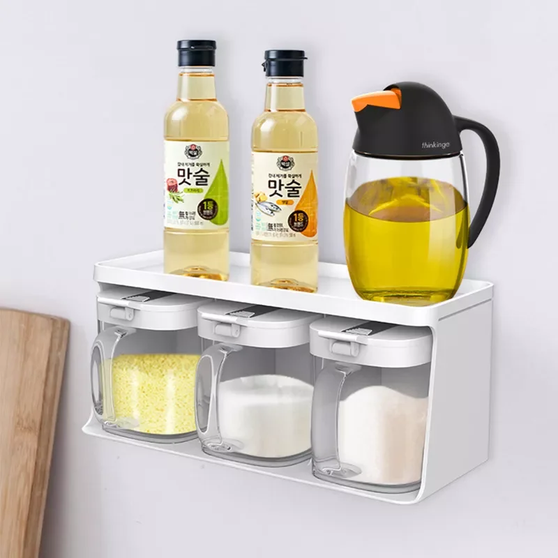 

Wall-Mounted Punch-Free Spice Jars Rack Set Salt and Pepper Shakers Home Kitchen Seasoning Organizer Organizer Sugar Container
