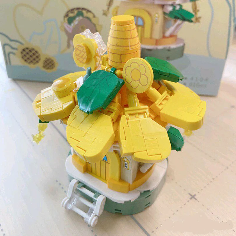 

Toys for Children Architecture Forest Yellow Flower House Plant Home Star Flower 3D Model DIY Mini Blocks Bricks Building