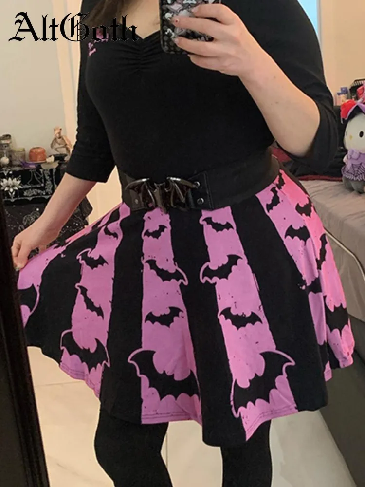 

AltGoth Gothic Dark Halloween Skirt Women Y2k Cyberpunk Bats Printed High Waist Pleated Skirt Harajuku Streetwear Grunge Clothes