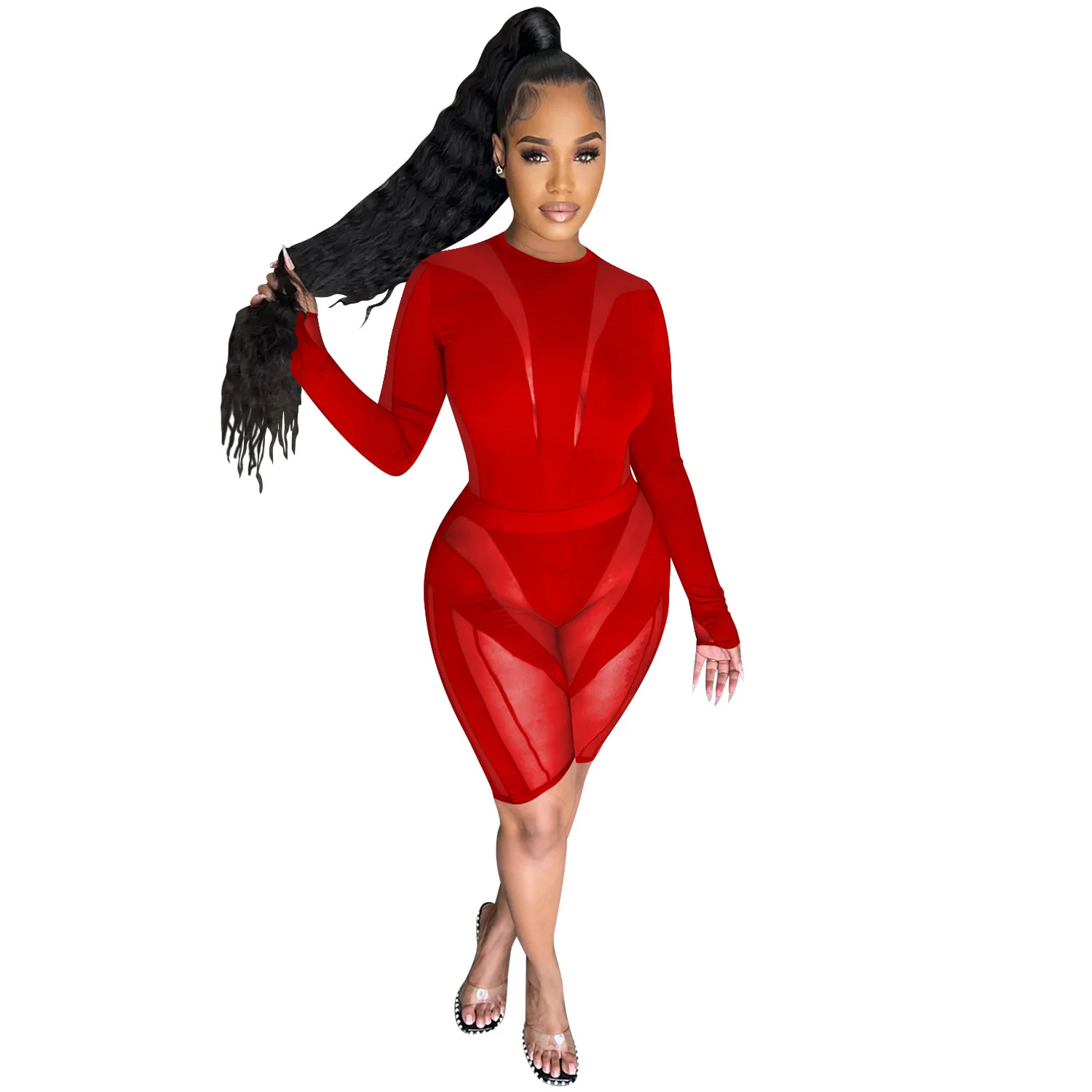 

Cutubly Long Sleeve Crop Tops And Short Pants Two-piece Set Sheer Mesh Patchwork Women's Matching Sets Female Clothes Outfits