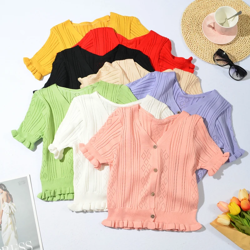 

Knitted Tops Women V Neck Slim Thin Short Tees T-Shirts Femme Short Sleeve Solid Edible Tree Fungus Hollow-Out T Shirt Female