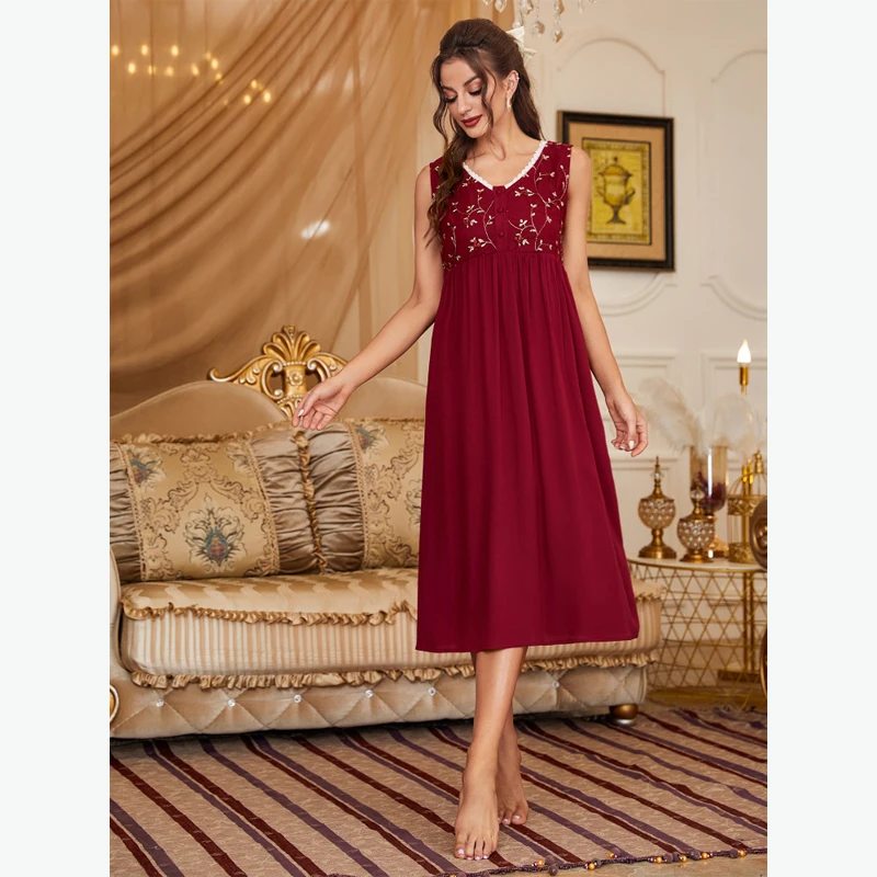 MAYMOLI Luxury Women Sleepwear Wine Red Golden Embroidery Robe & Nightdress Set Comfortable Palace Style Night Dress Homewear