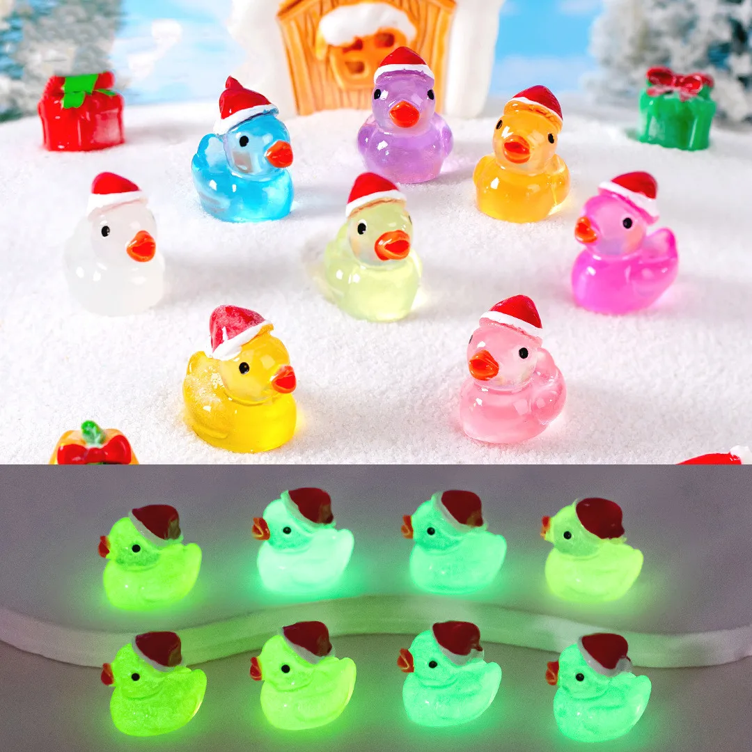 

50PCS Luminous Mini Ducks with Christmas Hat Miniatures Christmas Duck Glow At Night Fairy Garden Decoration Kawaii Accessories