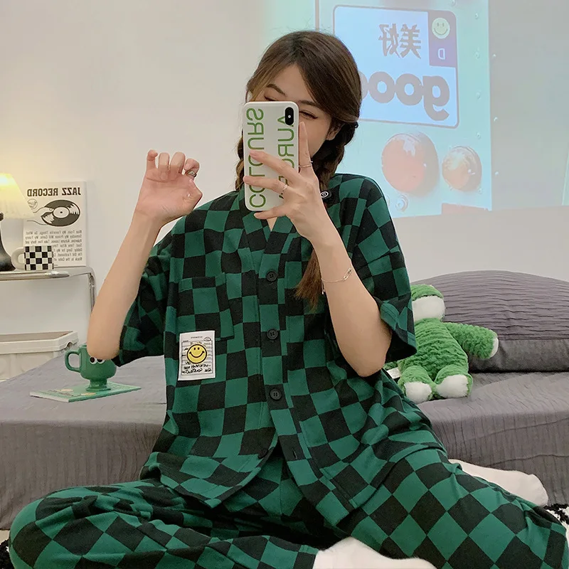 Yasuk Spring Summer Autumn Women's Casual Soft Cotton Simple Sleepwear Pajamas Set Long Short Pants Plaid Smile Sweet Girl 3Pc