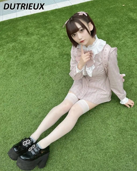 

Sweet Cute Girls Womens Outifits SC Suit Rojita Mass Production New Non-Fading Black Plaid Mine Long Sleeve Shirt + Culottes