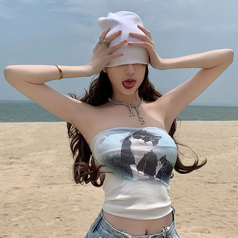 

Y2k Girl Stretch Lovely Cats Tube Tops Kawaii Female Cartoon Print Short Strapless 2022 Summer With Long Gloves Sexy Crop Top