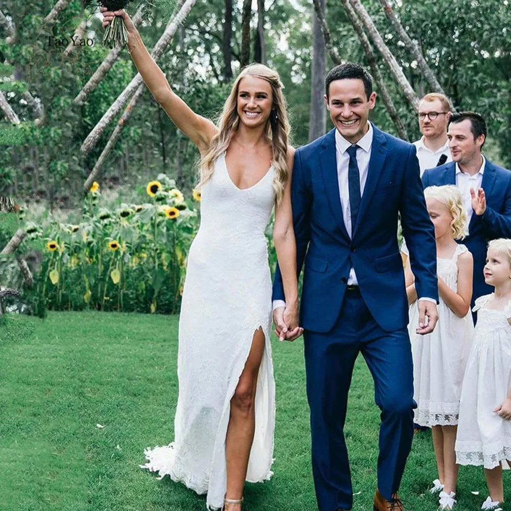 

Simple Lace Wedding Dress V-Neck Spaghetti Straps Sleeveless Open Back White Bridal Gown Marriage Dress Vestidos De Novia