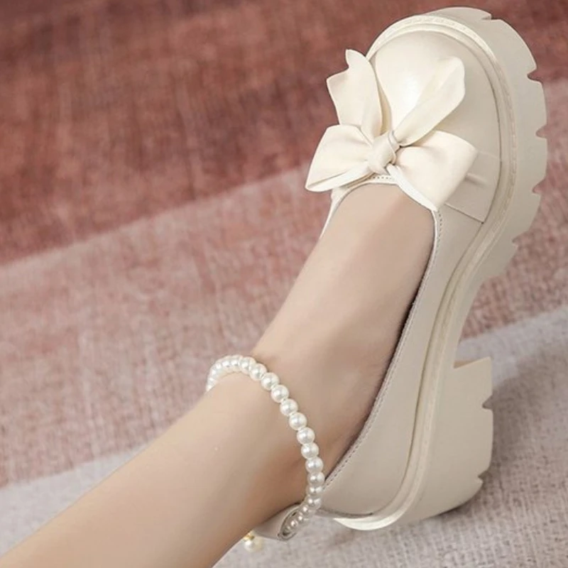

Pearls lolita Mary Jane Shoes platform shoes Women Spring Solid Color Thick Bottom Light Leather Shoes Tacones Plataforma size42