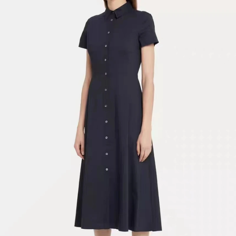 

2023 Spring and Summer New Navy Blue Short-sleeved Women Long Dress