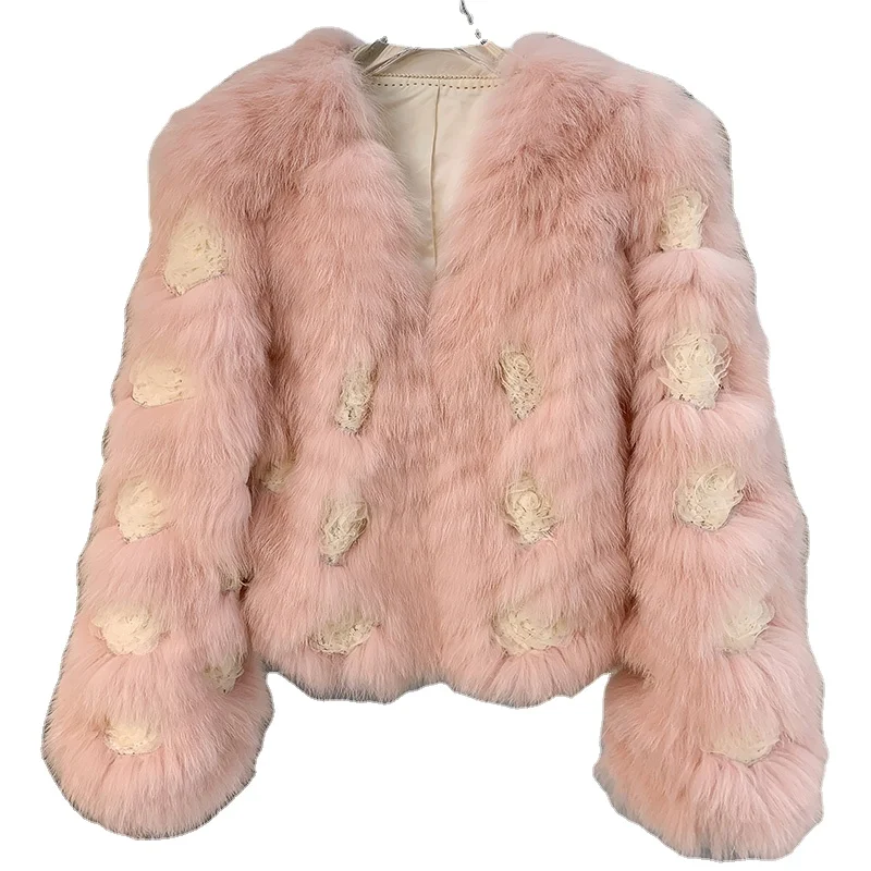 Real Fur Lace Rose Spikes Fox Fur Coat for Women New Young Short Winter Trend coat  winter coat women