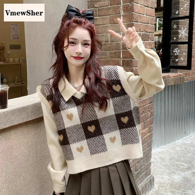

Женский винтажный жилет в клетку VmewSher, вязаный пуловер без рукавов с V-образным вырезом и сердечками, элегантный джемпер, топы для весны и лета