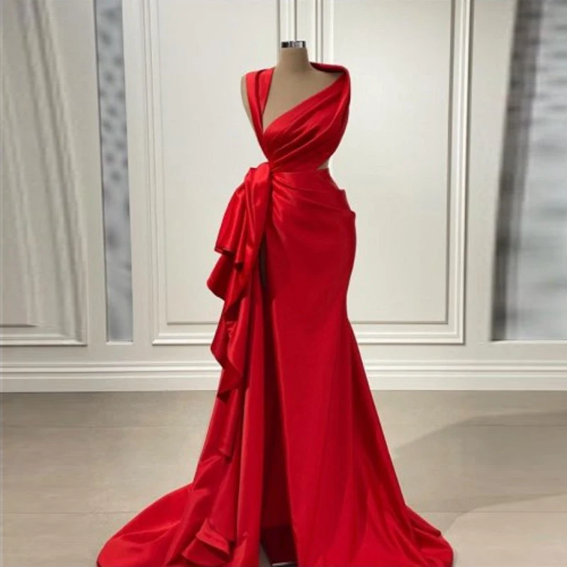 

2022 Red Mermaid Long Prom Dresses Elegant Robe De Soiree Arabic Party Dress Pleat Special Neckline Cutting Floor Length
