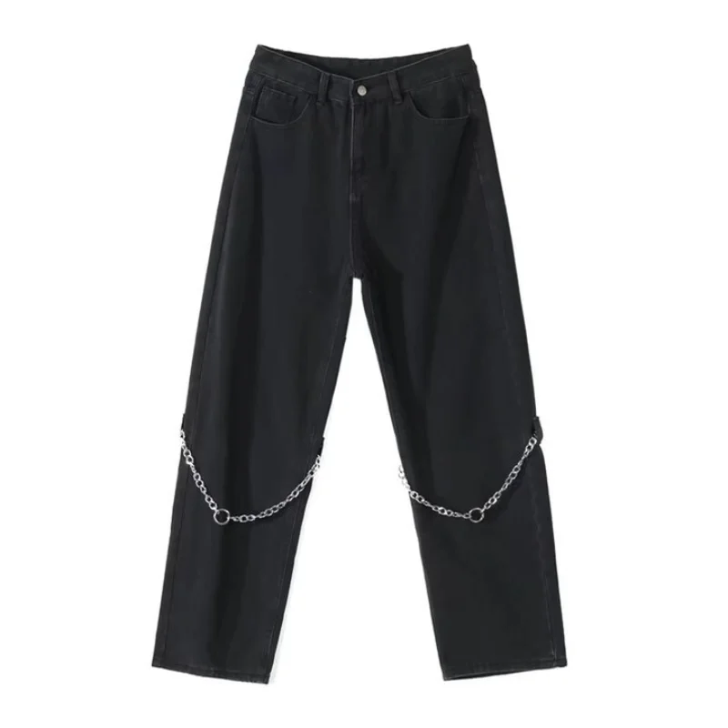 DEEPTOWN Vintage Chain Jeans for Men Hip Hop Streetwear Denim Straight Pants Black Loose Casual Trousers Male Japanese Spring