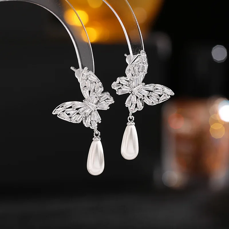 

Bilincolor Simple Temperament Zircon Butterfly Pearl Water Drop Earrings for Wedding or Party
