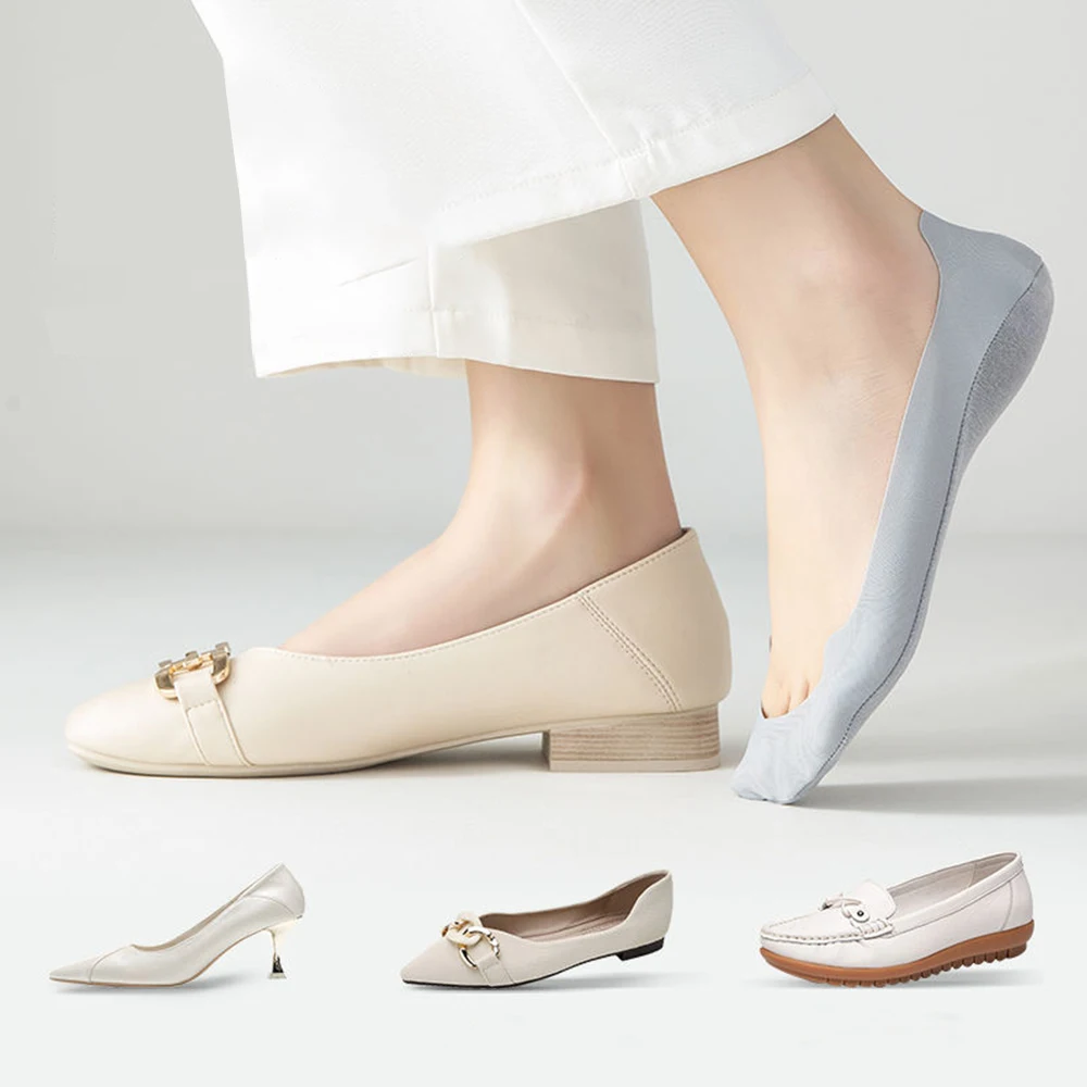 5Pairs Silicone Non-slip Invisible Socks Women Ice Silk Ankle Boat Socks Thin Solid Color Casual Breathable No Show Socks Gift