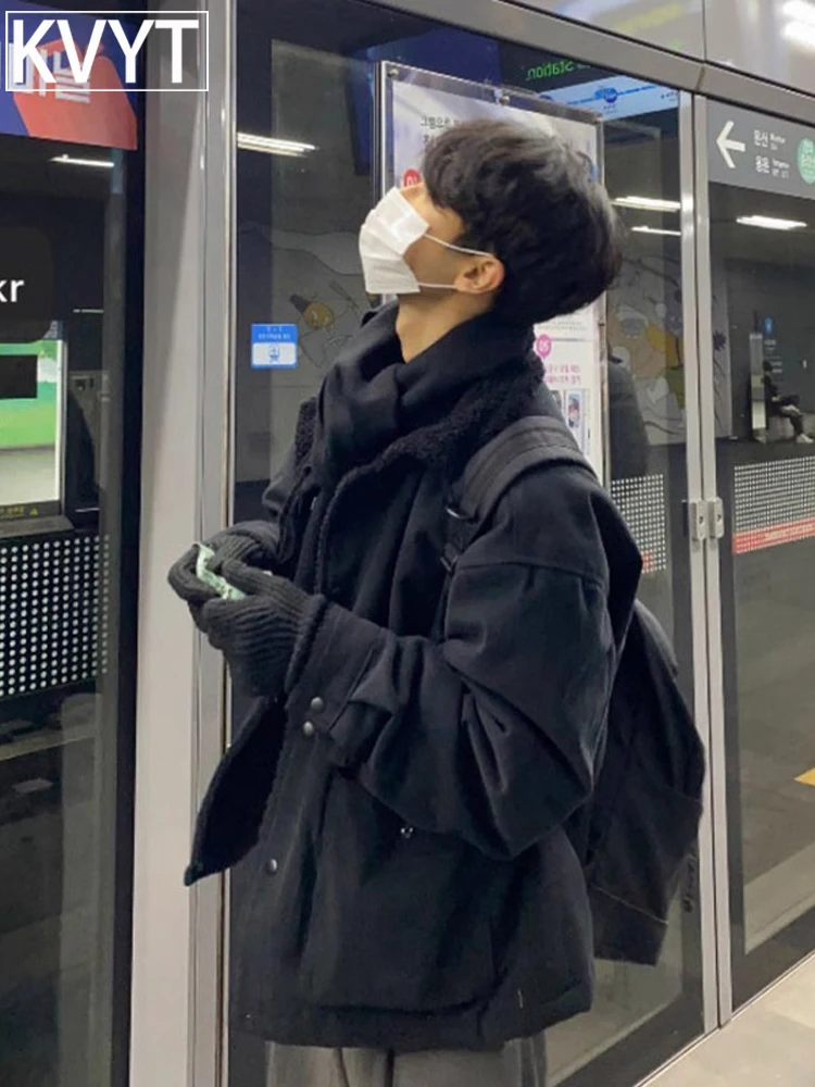 Winter Korean Series Wear Cotton-padded jacket Men's Army Green Lamb Plush Warm Cotton-Padded Coat Fashion Brand Pu Shu...