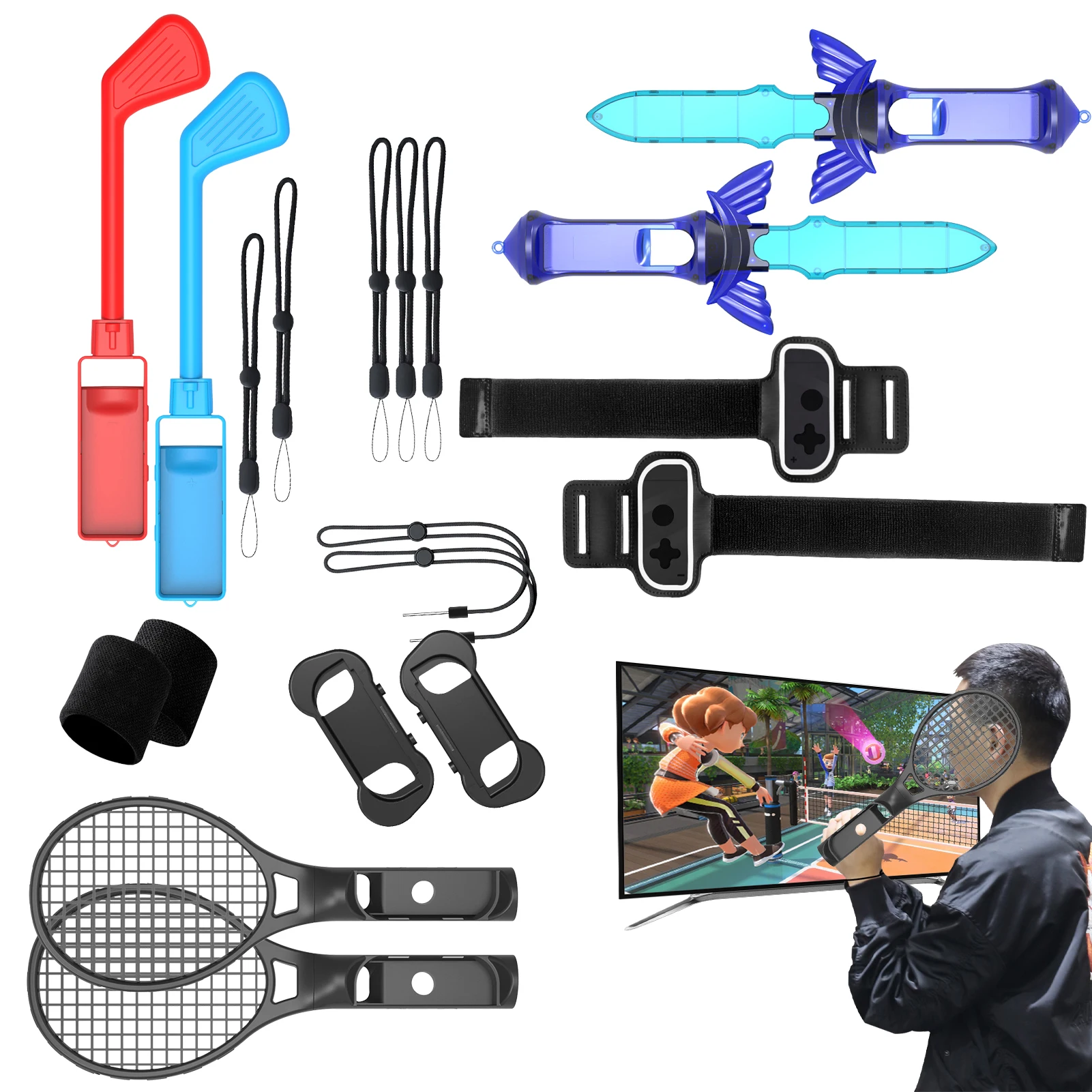 

12 In 1 For NS Switch Sports Control Set Wristband Tennis Racket Leg Strap Somatosensory Game Accessories For Switch OLED Gift
