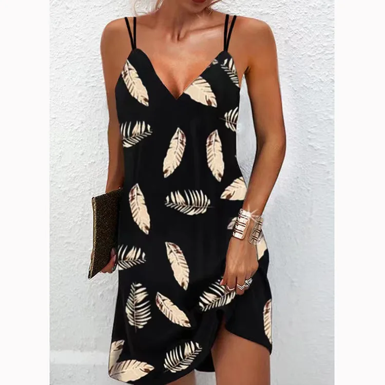 

2022 Summer Sexy V Neck Printed Sleeveless Dress Women's Clothing Fashion Casual Boho Party Elegant Beach Loose Sling Dress 5XL