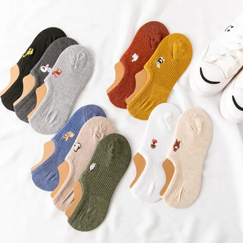 Cotton Women Invisible No Show Socks Summer Silicone Non-slip Sock Slippers Animals Embroidery Japanese Kawaii Cute Boat Socks