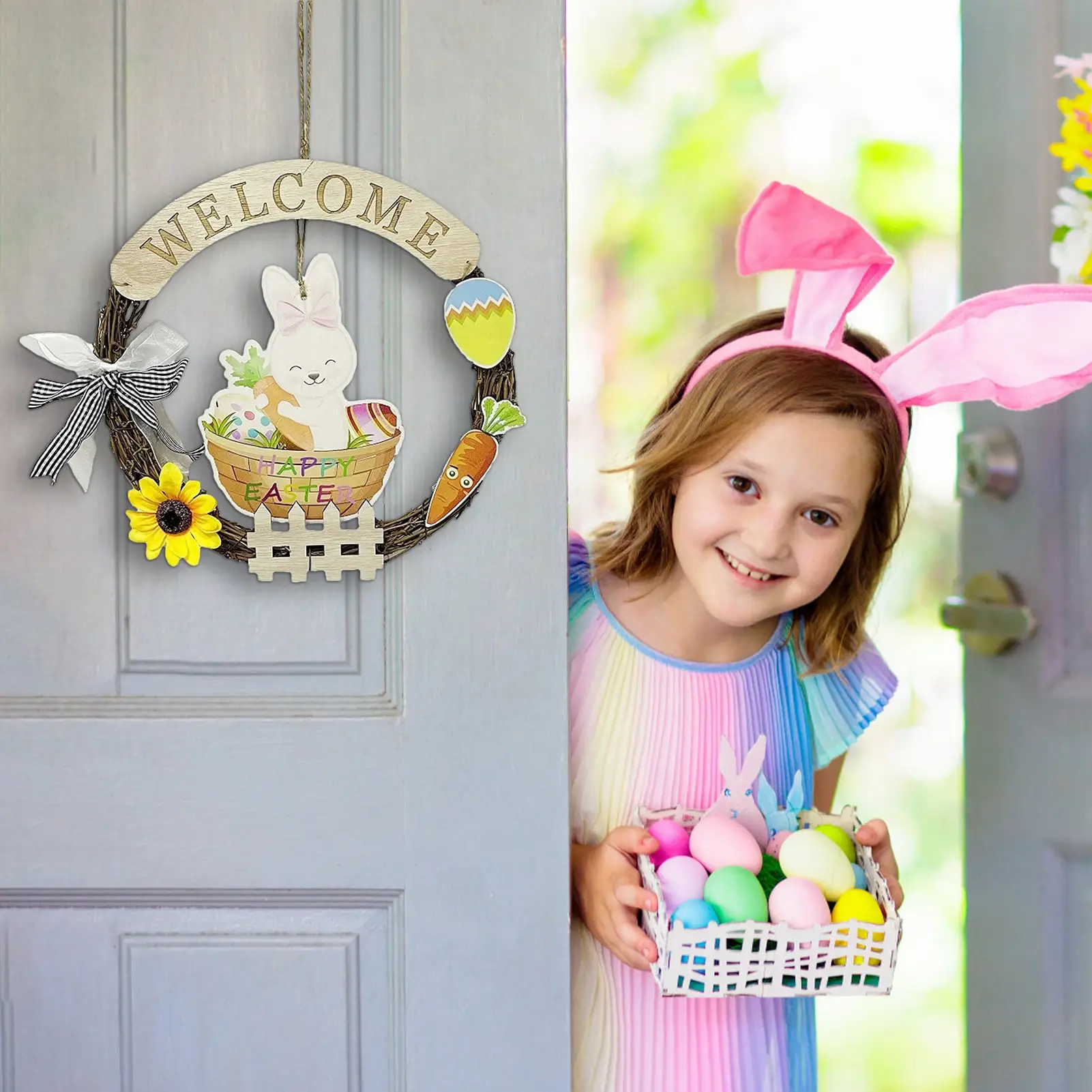 

Пасхальные деревянные Hangings SignEaster Bunny дверной венок для дома фермерского дома крыльца двери окна праздничный Декор