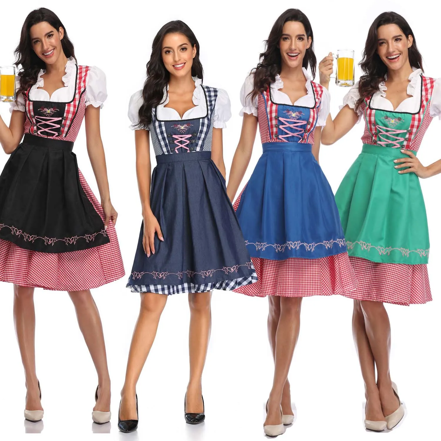 Size S-2XL Women Bavaria Oktoberfest Beer Costume Dirndl Beer Girl Dress Wench Maid Dress Apron Outfit Halloween Fancy Dress