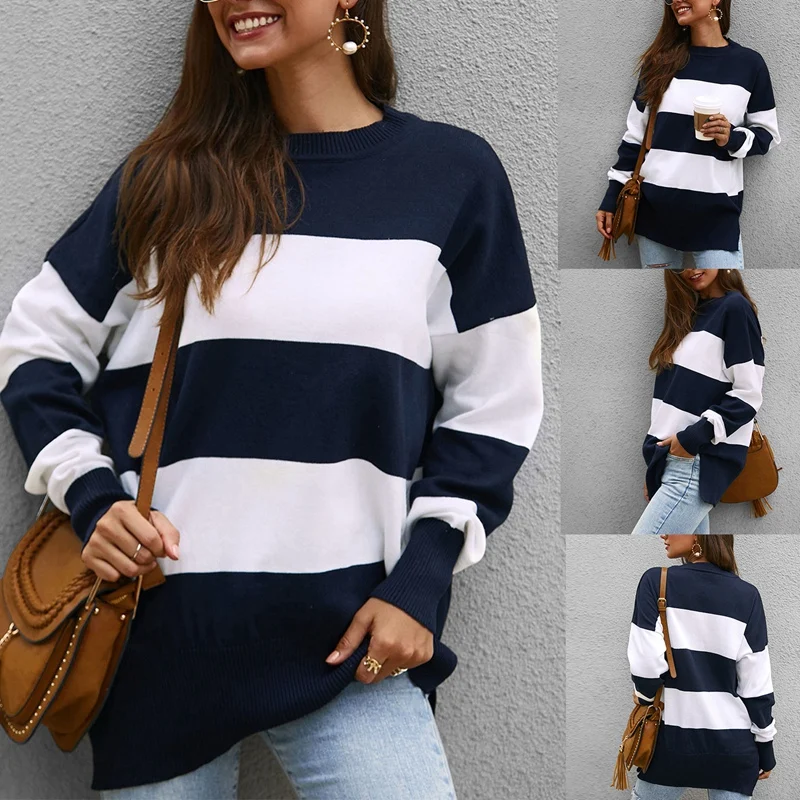 

Women's Long Sleeve Crew Neck Striped Color Block Casual Loose Knitted Sweater Pullover Tops