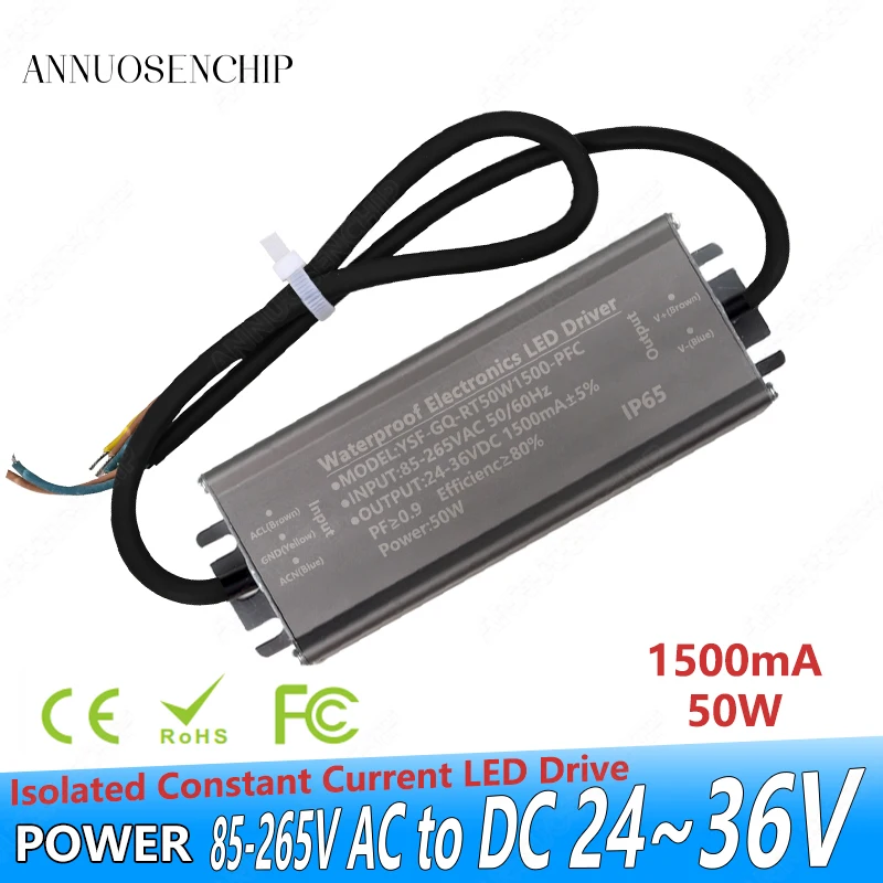 

1500mA LED Driven 85-265v AC to DC 24-36V 50W Constant Current Transformer Aluminum Case Waterproof IP65 Power Supply Converter