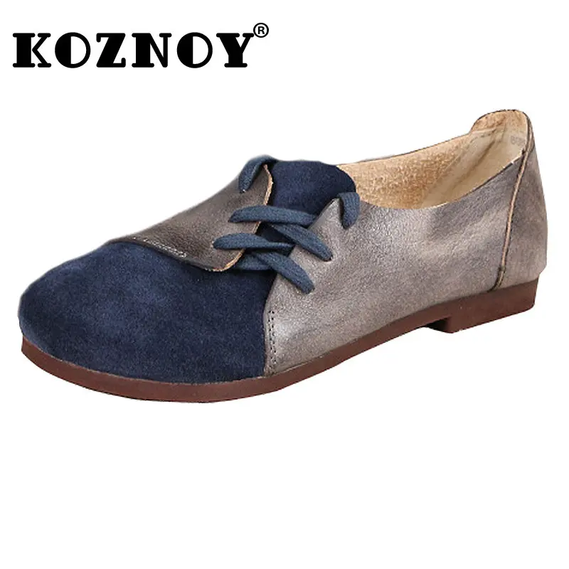 

Koznoy 1.5cm Retro Ethnic Cow Suede Sewing Natural Genuine Leather Summer Soft Soled Comfy Women Slip on Oxford Lace Up Shoes